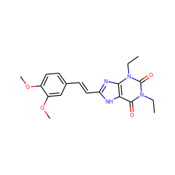 CCn1c(=O)c2[nH]c(/C=C/c3ccc(OC)c(OC)c3)nc2n(CC)c1=O ZINC000013478017