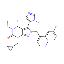 CCn1c(=O)c2c(-c3cncn3C)n(Cc3ccnc4ccc(Cl)cc34)nc2n(CC2CC2)c1=O ZINC000084739983