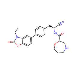 CCn1c(=O)oc2ccc(-c3ccc(C[C@@H](C#N)NC(=O)[C@@H]4CNCCCO4)cc3)cc21 ZINC001772634997