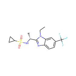 CCn1c([C@@H](C)NS(=O)(=O)C2CC2)nc2ccc(C(F)(F)F)cc21 ZINC000144609611