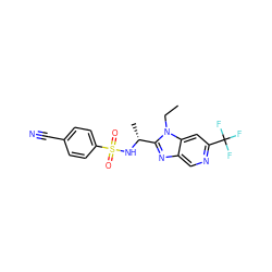 CCn1c([C@@H](C)NS(=O)(=O)c2ccc(C#N)cc2)nc2cnc(C(F)(F)F)cc21 ZINC000143916038