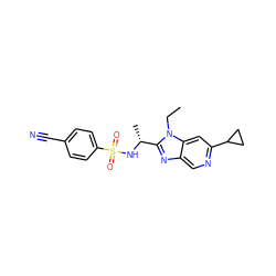 CCn1c([C@@H](C)NS(=O)(=O)c2ccc(C#N)cc2)nc2cnc(C3CC3)cc21 ZINC000144516148