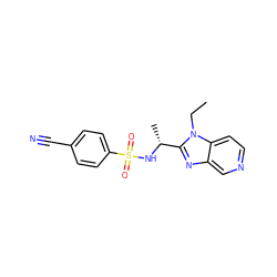 CCn1c([C@@H](C)NS(=O)(=O)c2ccc(C#N)cc2)nc2cnccc21 ZINC000144551143