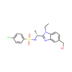 CCn1c([C@@H](C)NS(=O)(=O)c2ccc(Cl)cc2)nc2cc(CO)ccc21 ZINC000144267816