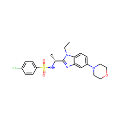 CCn1c([C@@H](C)NS(=O)(=O)c2ccc(Cl)cc2)nc2cc(N3CCOCC3)ccc21 ZINC000474609616