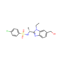 CCn1c([C@@H](C)NS(=O)(=O)c2ccc(Cl)cc2)nc2ccc(CO)cc21 ZINC000144381994