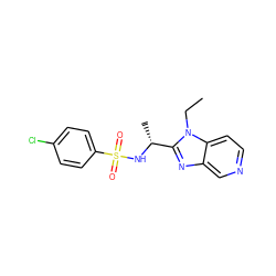 CCn1c([C@@H](C)NS(=O)(=O)c2ccc(Cl)cc2)nc2cnccc21 ZINC000144240502