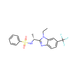 CCn1c([C@@H](C)NS(=O)(=O)c2ccccc2)nc2ccc(C(F)(F)F)cc21 ZINC000143895913