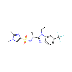 CCn1c([C@@H](C)NS(=O)(=O)c2cn(C)c(C)n2)nc2ccc(C(F)(F)F)cc21 ZINC000144536532