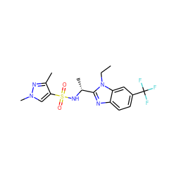 CCn1c([C@@H](C)NS(=O)(=O)c2cn(C)nc2C)nc2ccc(C(F)(F)F)cc21 ZINC000144305271