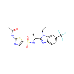 CCn1c([C@@H](C)NS(=O)(=O)c2cnc(NC(C)=O)s2)nc2ccc(C(F)(F)F)cc21 ZINC000144304835