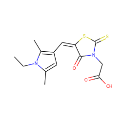 CCn1c(C)cc(/C=C2/SC(=S)N(CC(=O)O)C2=O)c1C ZINC000002833199