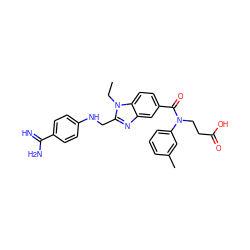 CCn1c(CNc2ccc(C(=N)N)cc2)nc2cc(C(=O)N(CCC(=O)O)c3cccc(C)c3)ccc21 ZINC001772641587