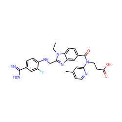 CCn1c(CNc2ccc(C(=N)N)cc2F)nc2cc(C(=O)N(CCC(=O)O)c3cc(C)ccn3)ccc21 ZINC000653811147