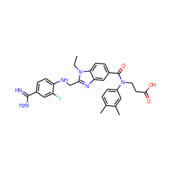 CCn1c(CNc2ccc(C(=N)N)cc2F)nc2cc(C(=O)N(CCC(=O)O)c3ccc(C)c(C)c3)ccc21 ZINC000653842864