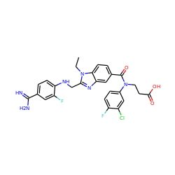 CCn1c(CNc2ccc(C(=N)N)cc2F)nc2cc(C(=O)N(CCC(=O)O)c3ccc(F)c(Cl)c3)ccc21 ZINC000653782629