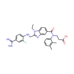 CCn1c(CNc2ccc(C(=N)N)cc2F)nc2cc(C(=O)N(CCC(=O)O)c3cccc(C)c3C)ccc21 ZINC000653842158