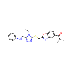 CCn1c(CNc2ccccc2)nnc1SCc1nc2cc(C(=O)C(C)C)ccc2o1 ZINC000084690718