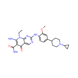 CCn1c(N)c(C(N)=O)c(=O)c2cnc(Nc3ccc(C4CCN(C5CC5)CC4)cc3OC)nc21 ZINC000072315788