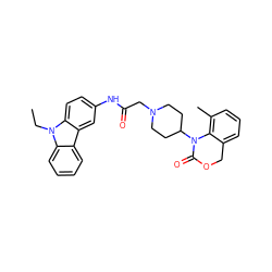 CCn1c2ccccc2c2cc(NC(=O)CN3CCC(N4C(=O)OCc5cccc(C)c54)CC3)ccc21 ZINC000013612730