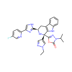 CCn1cc([C@@]2(c3nn(C(C)C)c(=O)o3)N[C@@H](c3nc(-c4ccc(F)cn4)c[nH]3)Cc3c2[nH]c2ccccc32)cn1 ZINC000068246130