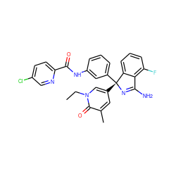 CCn1cc([C@]2(c3cccc(NC(=O)c4ccc(Cl)cn4)c3)N=C(N)c3c(F)cccc32)cc(C)c1=O ZINC000095578684