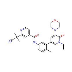 CCn1cc(-c2cc(NC(=O)c3ccnc(C(C)(C)C#N)c3)ccc2C)cc(N2CCOCC2)c1=O ZINC000225963539