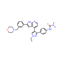 CCn1cc(-c2ccnc3[nH]c(-c4cccc(CN5CCOCC5)c4)cc23)c(-c2ccc(NC(=O)N(C)C)cc2)n1 ZINC000049784195