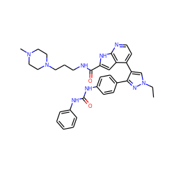 CCn1cc(-c2ccnc3[nH]c(C(=O)NCCCN4CCN(C)CC4)cc23)c(-c2ccc(NC(=O)Nc3ccccc3)cc2)n1 ZINC000049784689