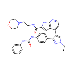 CCn1cc(-c2ccnc3[nH]c(C(=O)NCCN4CCOCC4)cc23)c(-c2ccc(NC(=O)Nc3ccccc3)cc2)n1 ZINC000049784960