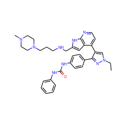 CCn1cc(-c2ccnc3[nH]c(CNCCCN4CCN(C)CC4)cc23)c(-c2ccc(NC(=O)Nc3ccccc3)cc2)n1 ZINC000049784107