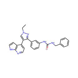 CCn1cc(-c2ccnc3[nH]ccc23)c(-c2cccc(NC(=O)NCc3ccccc3)c2)n1 ZINC000040955373