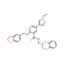 CCn1cc(-c2cnc(NCc3ccc4c(c3)OCO4)c(C(=O)NC[C@H]3COc4ccccc4O3)c2)cn1 ZINC000473135881