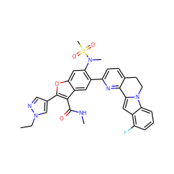 CCn1cc(-c2oc3cc(N(C)S(C)(=O)=O)c(-c4ccc5c(n4)-c4cc6c(F)cccc6n4CC5)cc3c2C(=O)NC)cn1 ZINC000212218717