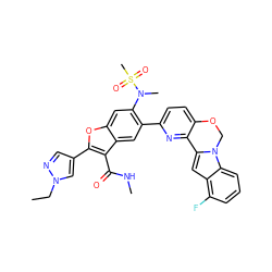 CCn1cc(-c2oc3cc(N(C)S(C)(=O)=O)c(-c4ccc5c(n4)-c4cc6c(F)cccc6n4CO5)cc3c2C(=O)NC)cn1 ZINC000212204922