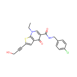 CCn1cc(C(=O)NCc2ccc(Cl)cc2)c(=O)c2cc(C#CCO)sc21 ZINC000013672758