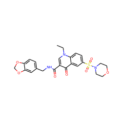 CCn1cc(C(=O)NCc2ccc3c(c2)OCO3)c(=O)c2cc(S(=O)(=O)N3CCOCC3)ccc21 ZINC000004101762