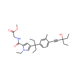 CCn1cc(C(CC)(CC)c2ccc(C#CC(O)(CC)CC)c(C)c2)cc1C(=O)NCC(=O)OC ZINC001772613192