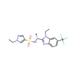 CCn1cc(S(=O)(=O)N[C@H](C)c2nc3ccc(C(F)(F)F)cc3n2CC)cn1 ZINC000144449409