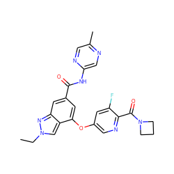 CCn1cc2c(Oc3cnc(C(=O)N4CCC4)c(F)c3)cc(C(=O)Nc3cnc(C)cn3)cc2n1 ZINC000068246546