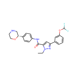 CCn1nc(-c2cccc(OC(F)F)c2)cc1C(=O)Nc1ccc([C@H]2CNCCO2)cc1 ZINC000150270572