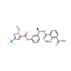 CCn1nc(C(F)(F)F)cc1C(=O)Nc1cccc([C@@H](C)Nc2ncnc3c(C(N)=O)cccc23)c1 ZINC000114348643