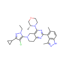 CCn1nc(C2CC2)c(Cl)c1N1CCc2nc(-c3c(C)ccc4[nH]nc(C)c34)nc(N3CCOC[C@H]3C)c2C1 ZINC000146949096