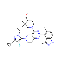 CCn1nc(C2CC2)c(F)c1N1CCc2nc(-c3c(C)ccc4[nH]nc(C)c34)nc(N3CC[C@@H](OC)C(C)(C)C3)c2C1 ZINC000146981242