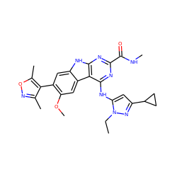 CCn1nc(C2CC2)cc1Nc1nc(C(=O)NC)nc2[nH]c3cc(-c4c(C)noc4C)c(OC)cc3c12 ZINC001772572710