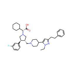 CCn1nc(CCc2ccccc2)cc1C1CCN(C[C@H]2CN([C@@H](C(=O)O)C3CCCCC3)C[C@@H]2c2cccc(F)c2)CC1 ZINC000028011839