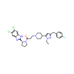 CCn1nc(Cc2ccc(F)cc2)cc1C1CCN(CCC(=O)N2CCC[C@H]2c2nc3cc(Cl)c(Cl)cc3[nH]2)CC1 ZINC000066076357