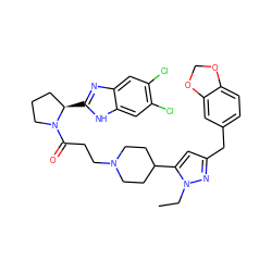 CCn1nc(Cc2ccc3c(c2)OCO3)cc1C1CCN(CCC(=O)N2CCC[C@H]2c2nc3cc(Cl)c(Cl)cc3[nH]2)CC1 ZINC000066076359