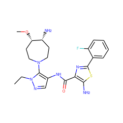 CCn1ncc(NC(=O)c2nc(-c3ccccc3F)sc2N)c1N1CC[C@H](OC)[C@H](N)CC1 ZINC000169699442