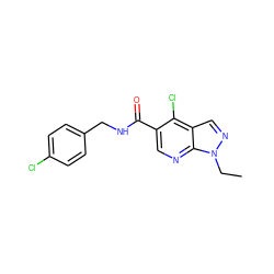 CCn1ncc2c(Cl)c(C(=O)NCc3ccc(Cl)cc3)cnc21 ZINC000049067122